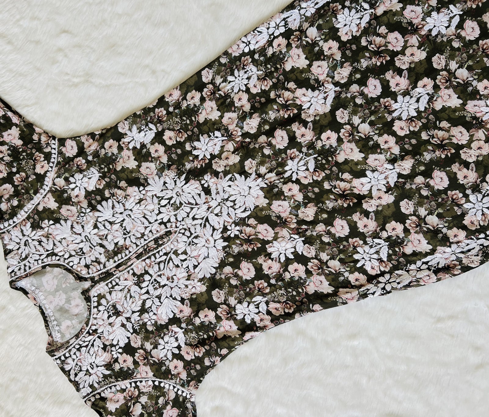 Iqra Olive Green Floral Printed Rayon Chikankari Kurta