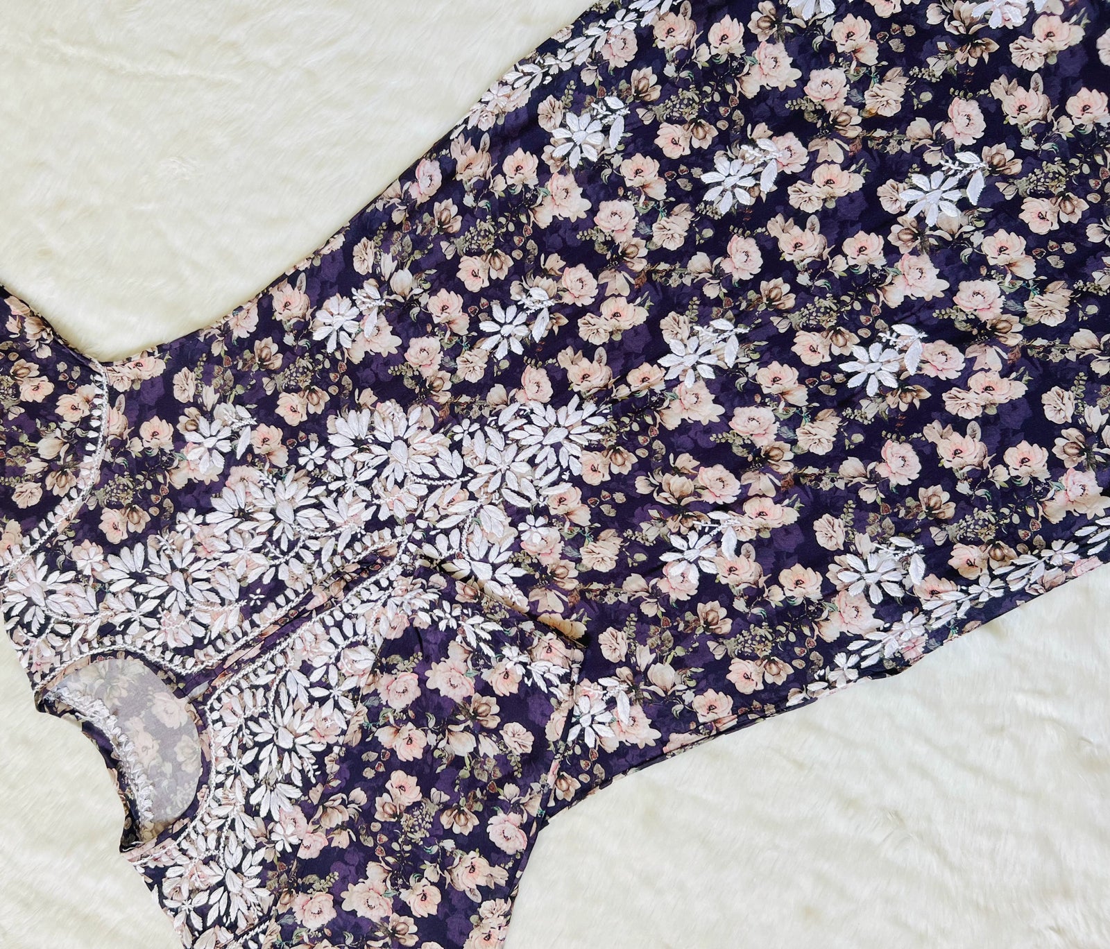 Iqra Purple Floral Printed Rayon Chikankari Kurta
