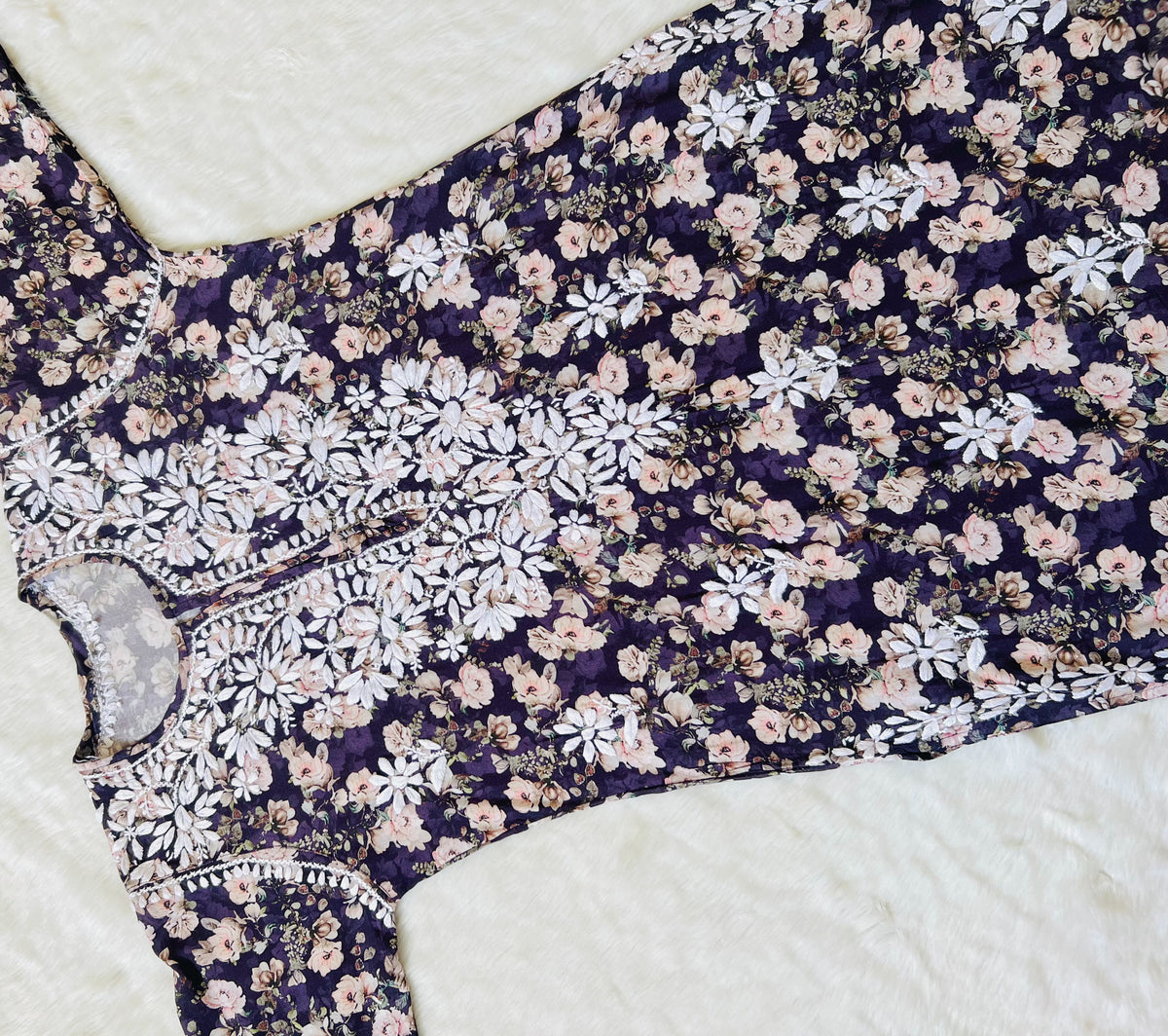 Iqra Purple Floral Printed Rayon Chikankari Kurta
