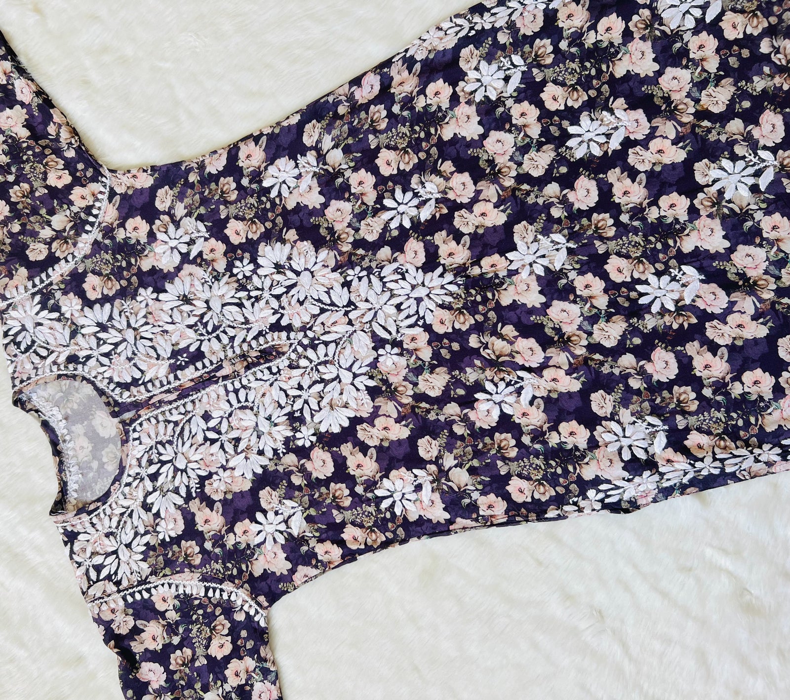 Iqra Purple Floral Printed Rayon Chikankari Kurta
