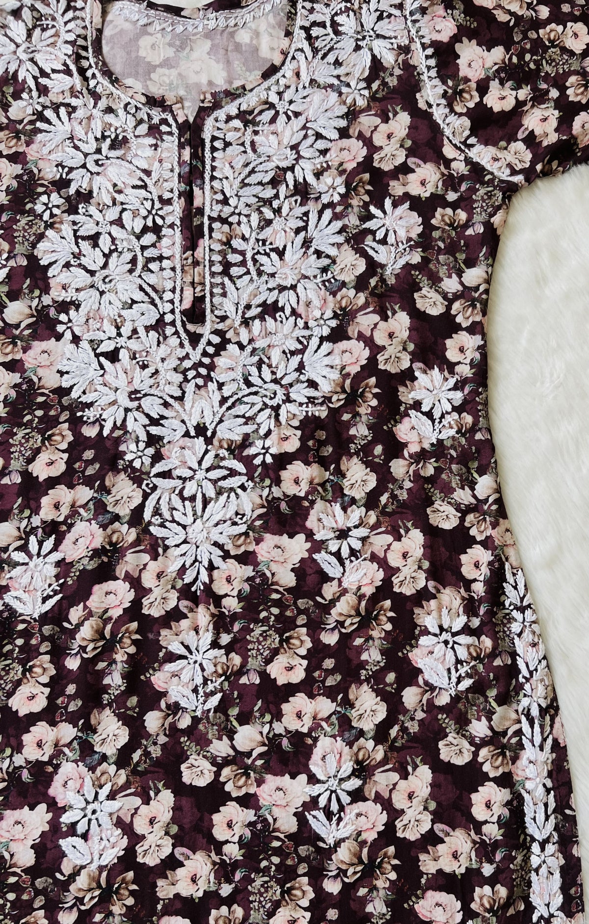 Iqra Wine Floral Printed Rayon Chikankari Kurta