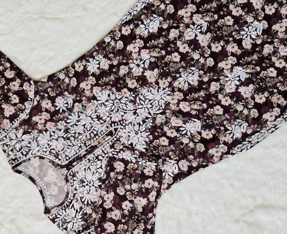 Iqra Wine Floral Printed Rayon Chikankari Kurta