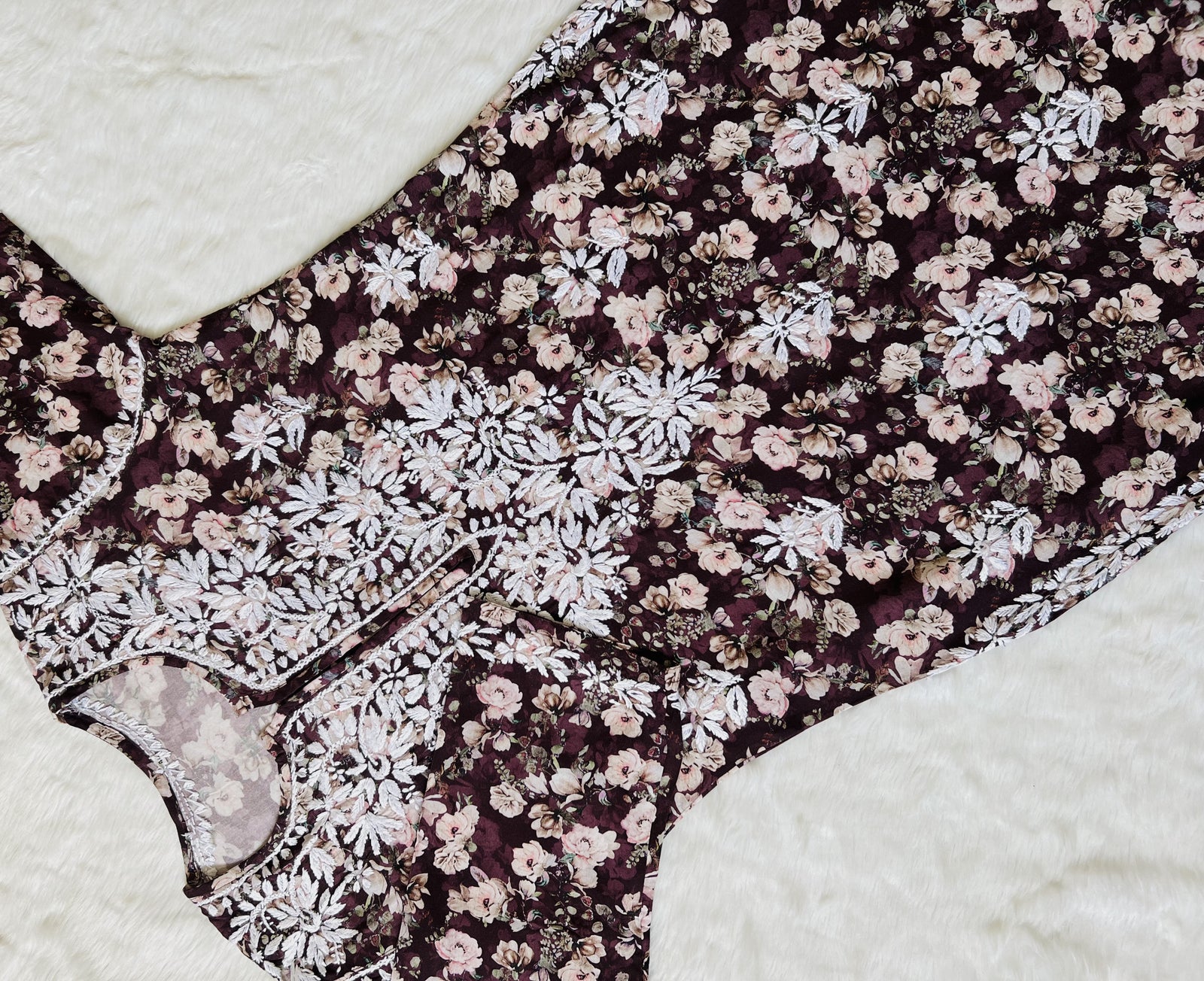 Iqra Wine Floral Printed Rayon Chikankari Kurta