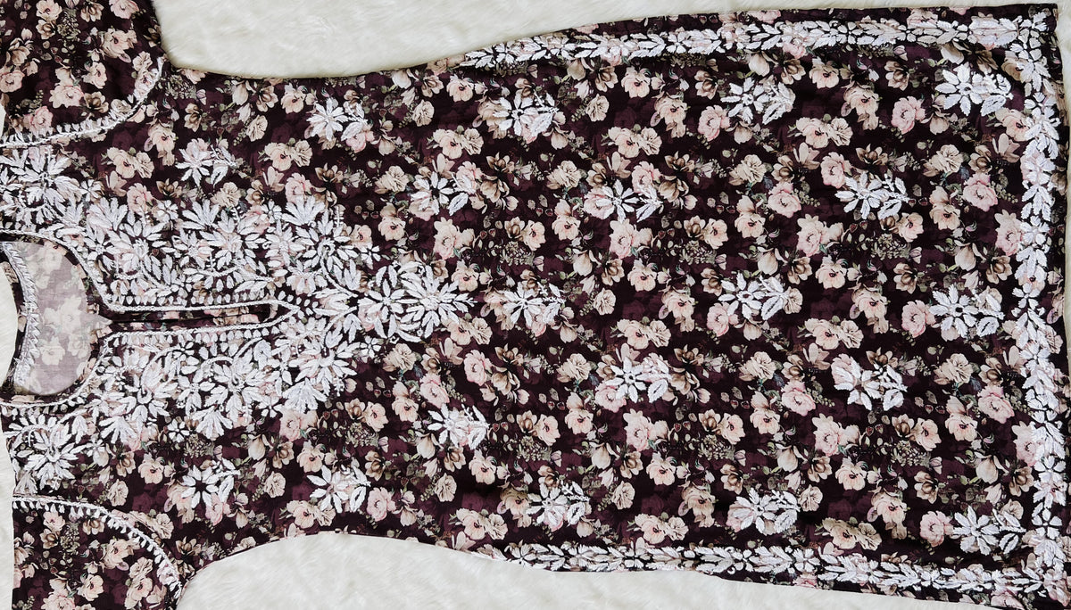 Iqra Wine Floral Printed Rayon Chikankari Kurta