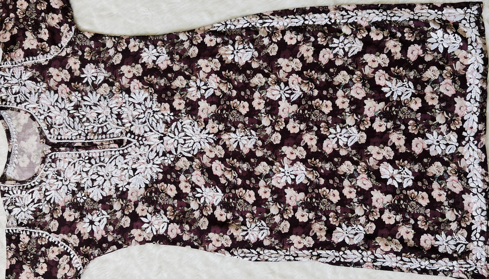 Iqra Wine Floral Printed Rayon Chikankari Kurta