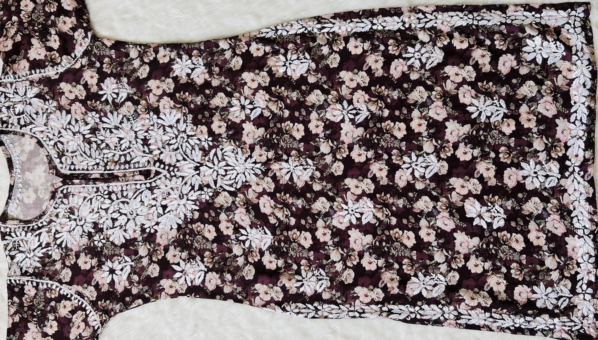 Iqra Wine Floral Printed Rayon Chikankari Kurta