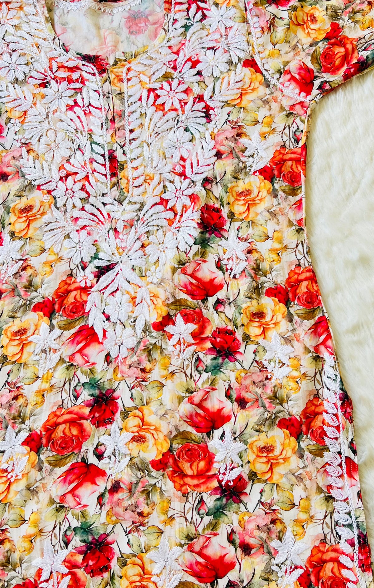 Kiara Peach Roses Printed Rayon Chikankari Kurta