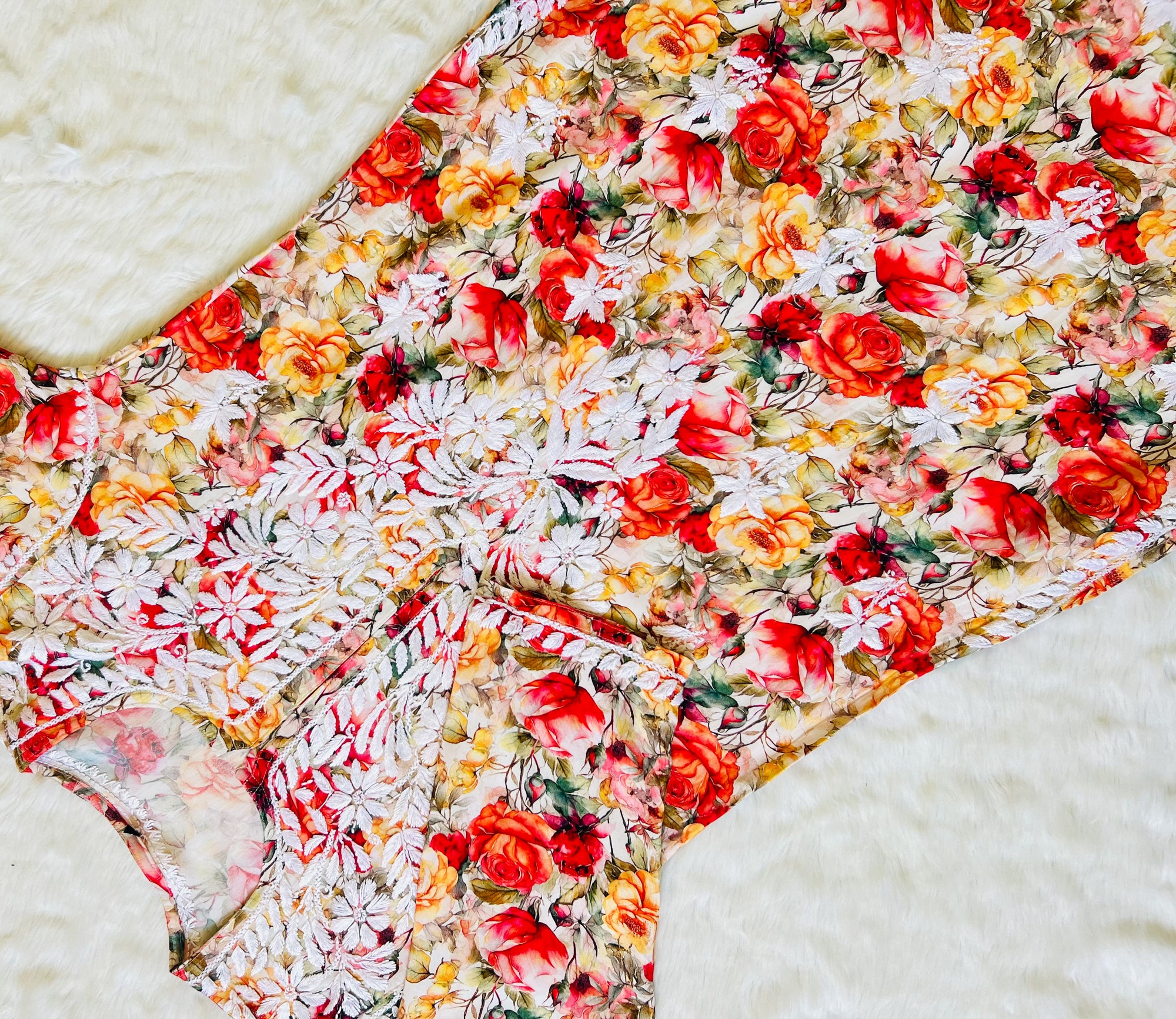 Kiara Peach Roses Printed Rayon Chikankari Kurta