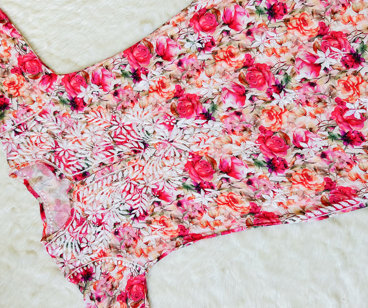 Kiara Pink Roses Printed Rayon Chikankari Kurta