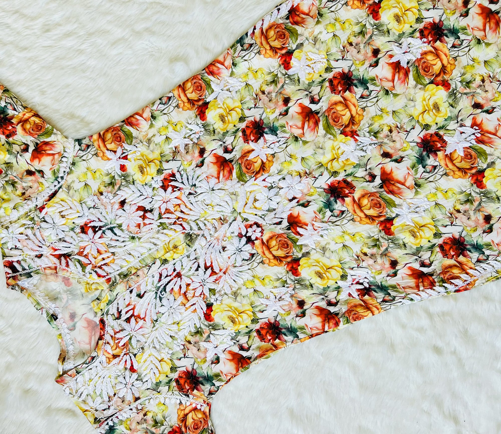 Kiara Yellow Roses Printed Rayon Chikankari Kurta