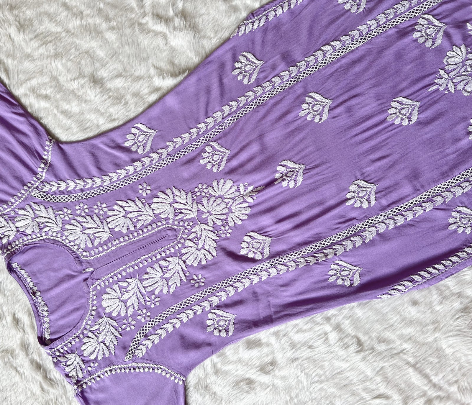 Lavender Long Lace Rayon Chikankari Kurta