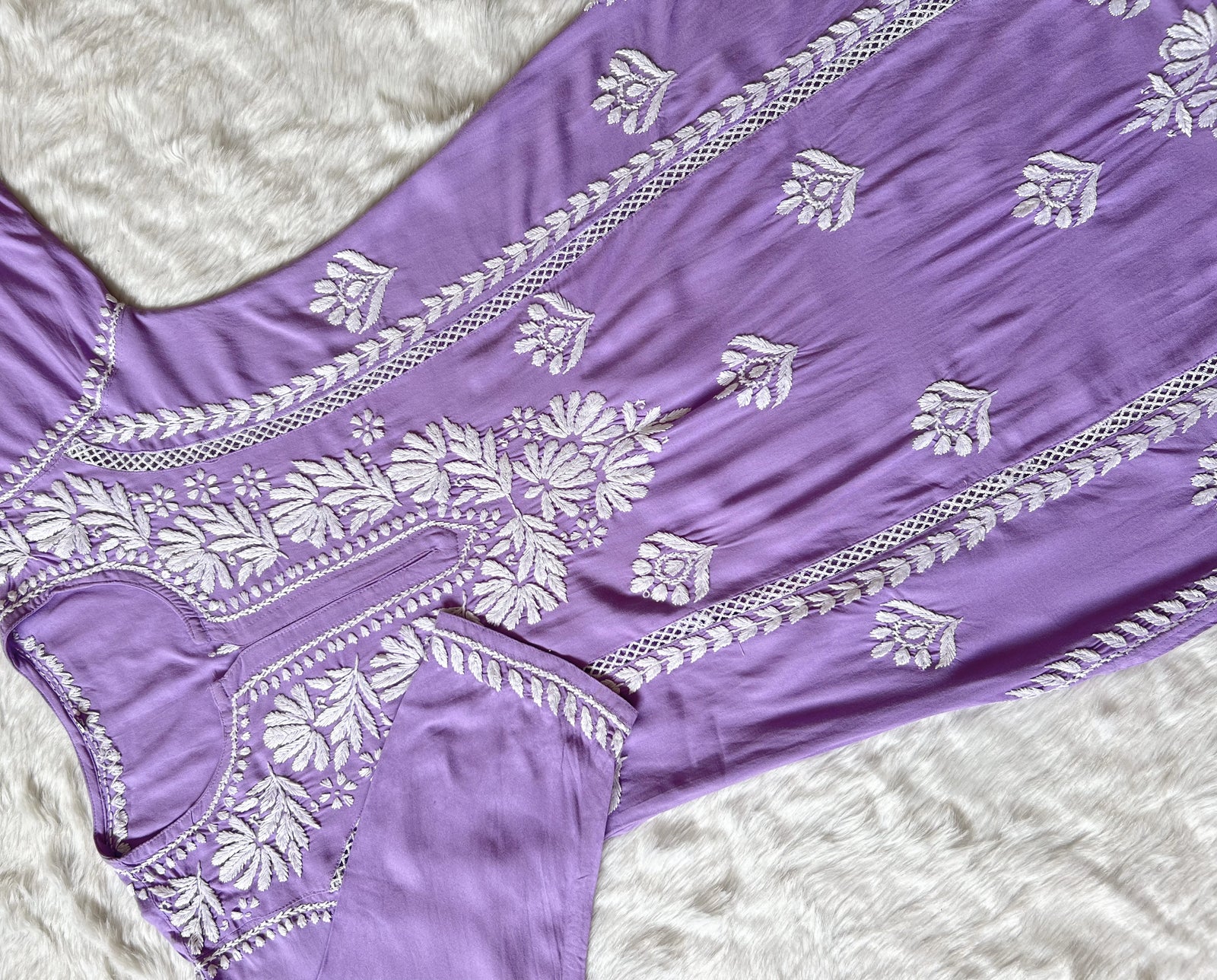 Lavender Long Lace Rayon Chikankari Kurta