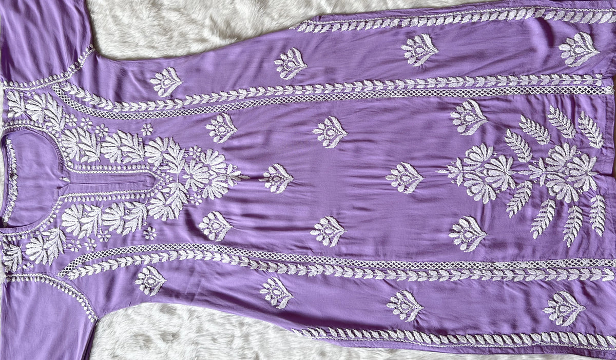 Lavender Long Lace Rayon Chikankari Kurta