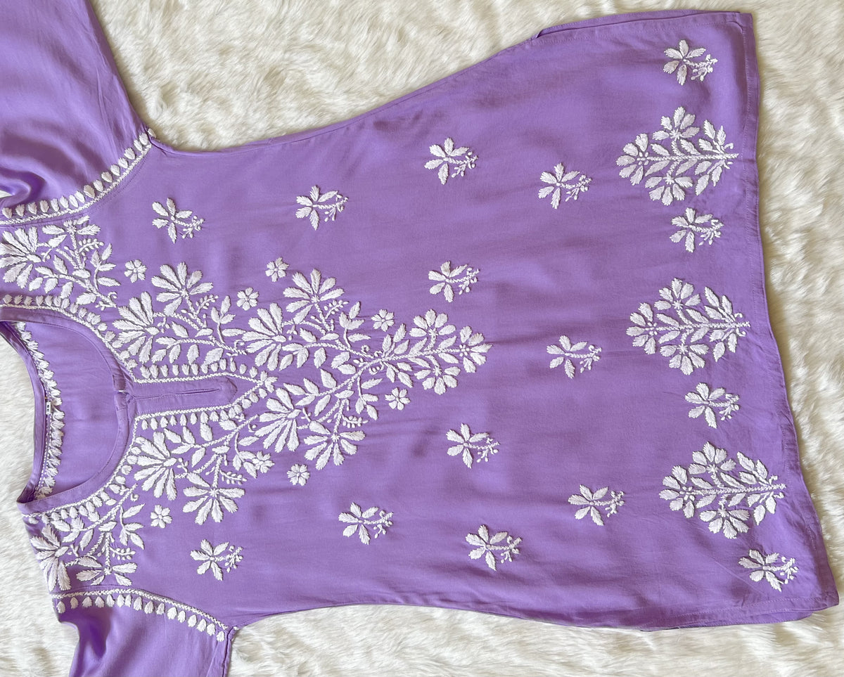 Lavender Short Rayon Kurta with White Chikankari