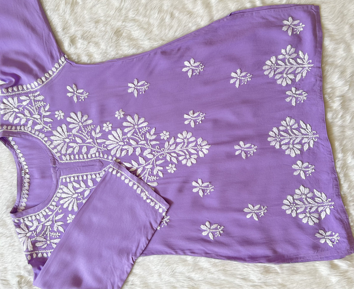 Lavender Short Rayon Kurta with White Chikankari
