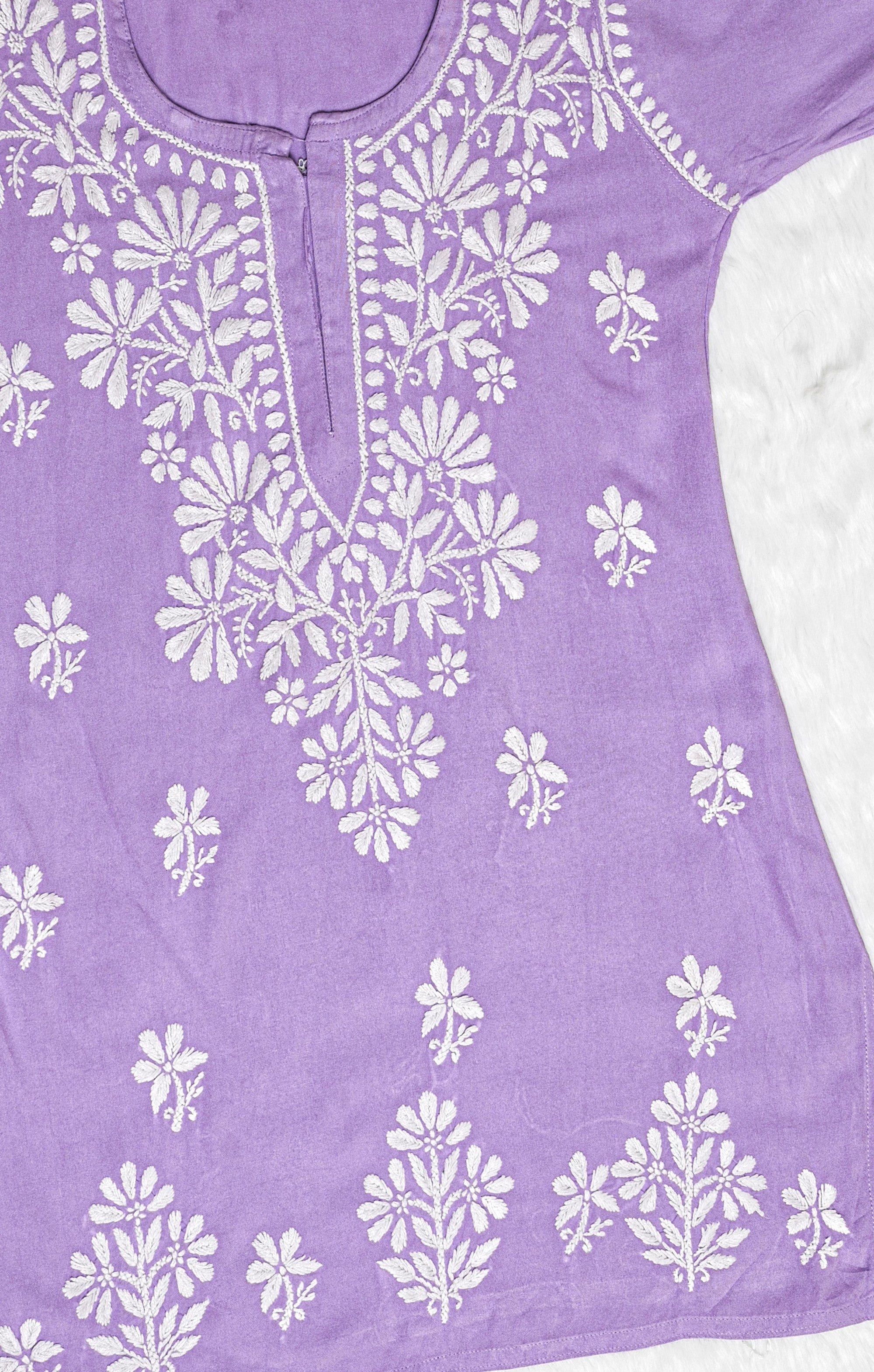 Lavender Short Rayon Kurta with White Chikankari