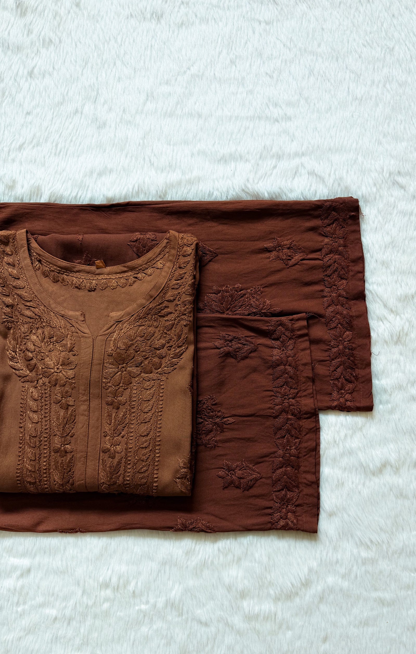 Leela Brown Rayon Kurta Bottom Set with Self Chikankari Handwork