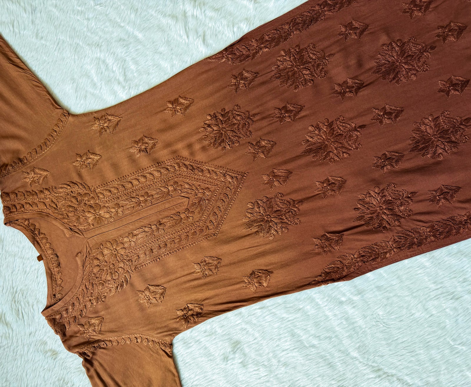 Leela Brown Rayon Kurta Bottom Set with Self Chikankari Handwork