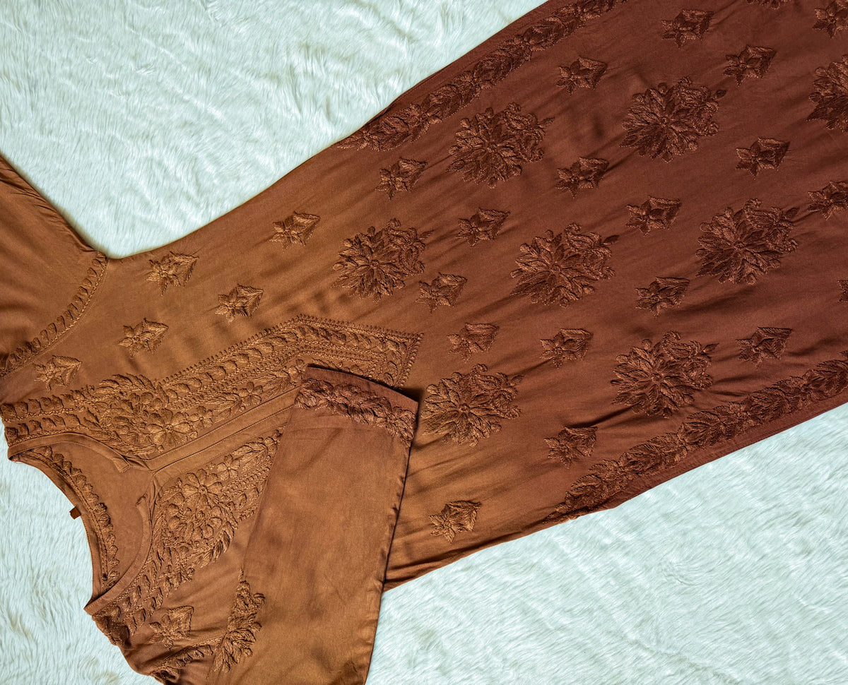 Leela Brown Rayon Kurta Bottom Set with Self Chikankari Handwork