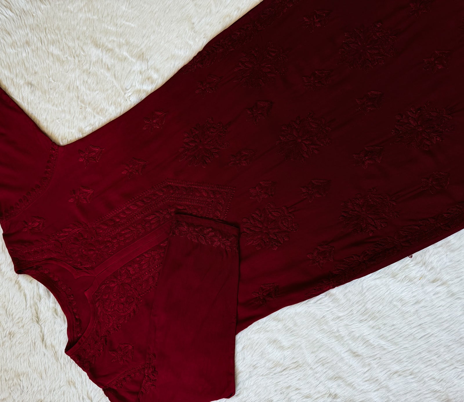 Leela Maroon Rayon Kurta Bottom Set with Self Chikankari Handwork