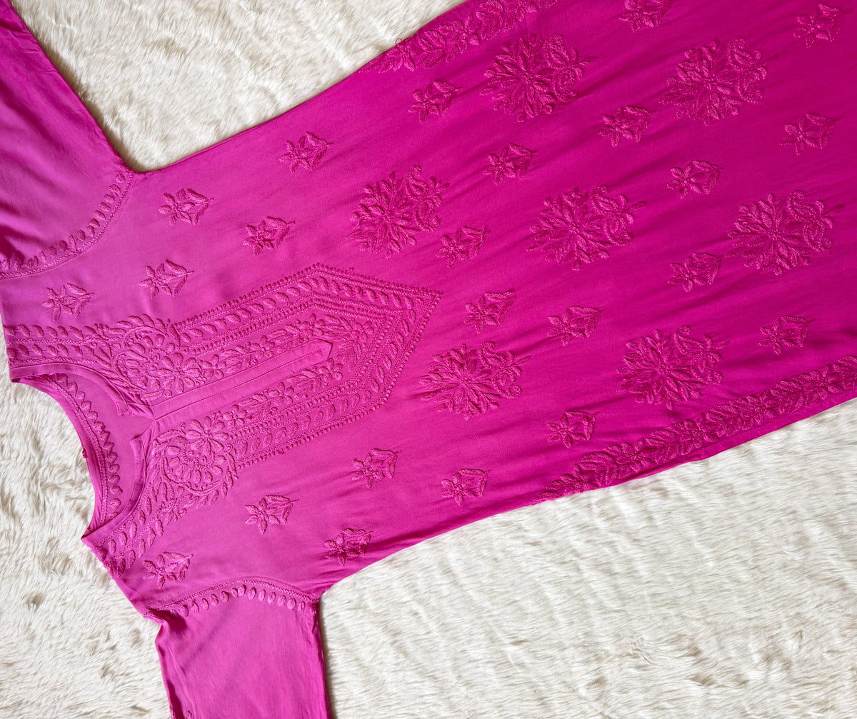 Leela Pink Rayon Kurta Bottom Set with Self Chikankari Handwork
