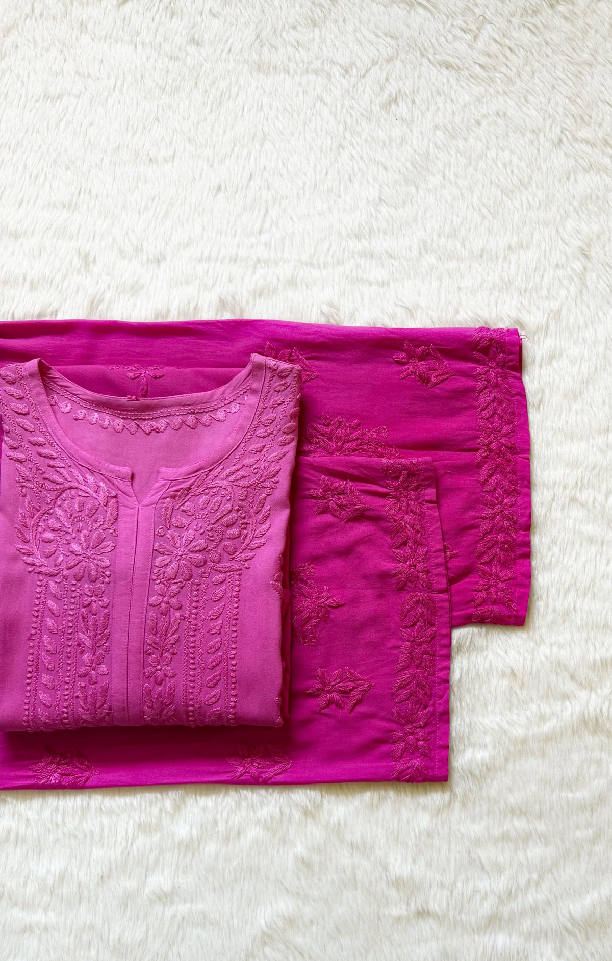 Leela Pink Rayon Kurta Bottom Set with Self Chikankari Handwork