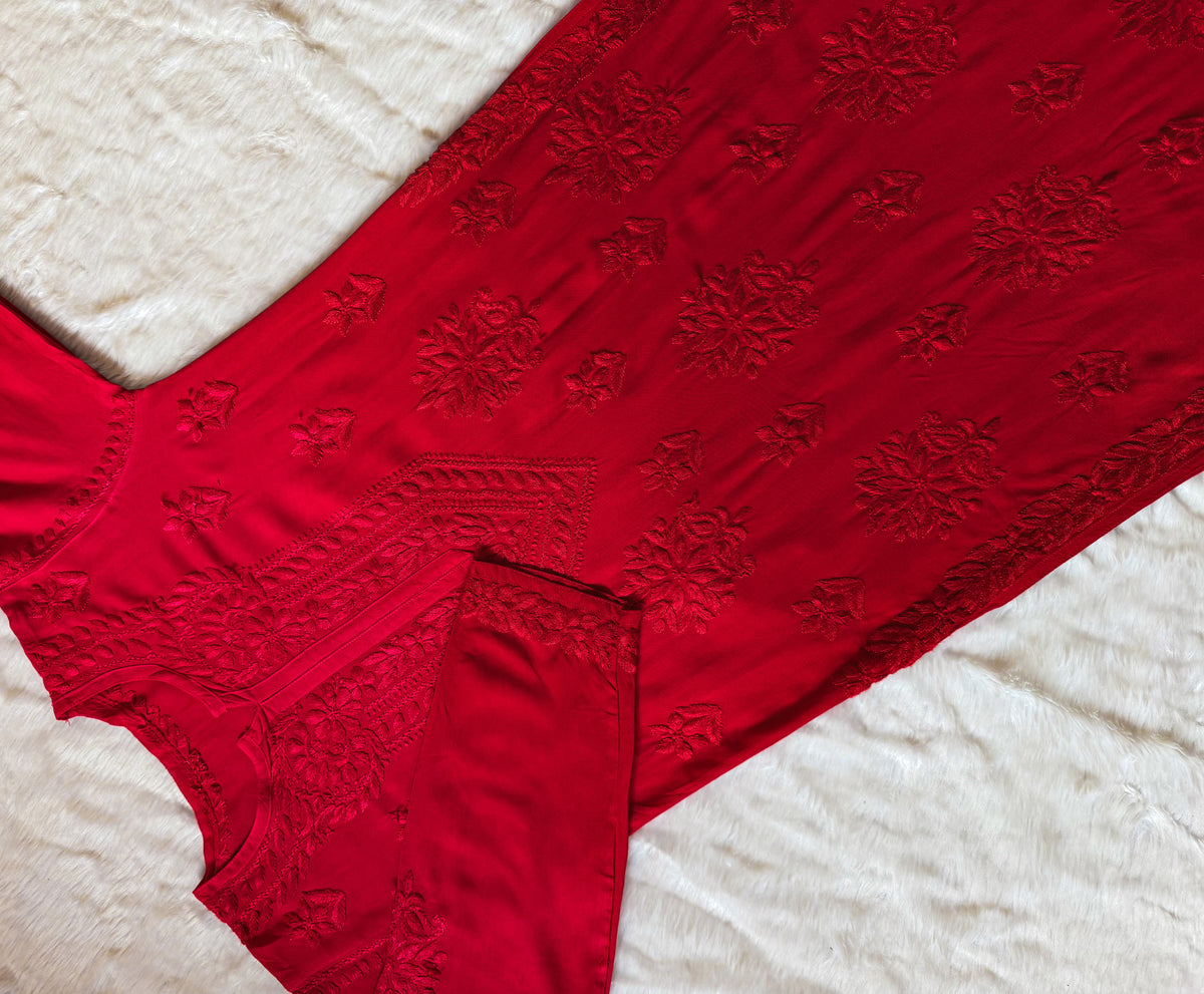Leela Red Rayon Kurta Bottom Set with Self Chikankari Handwork