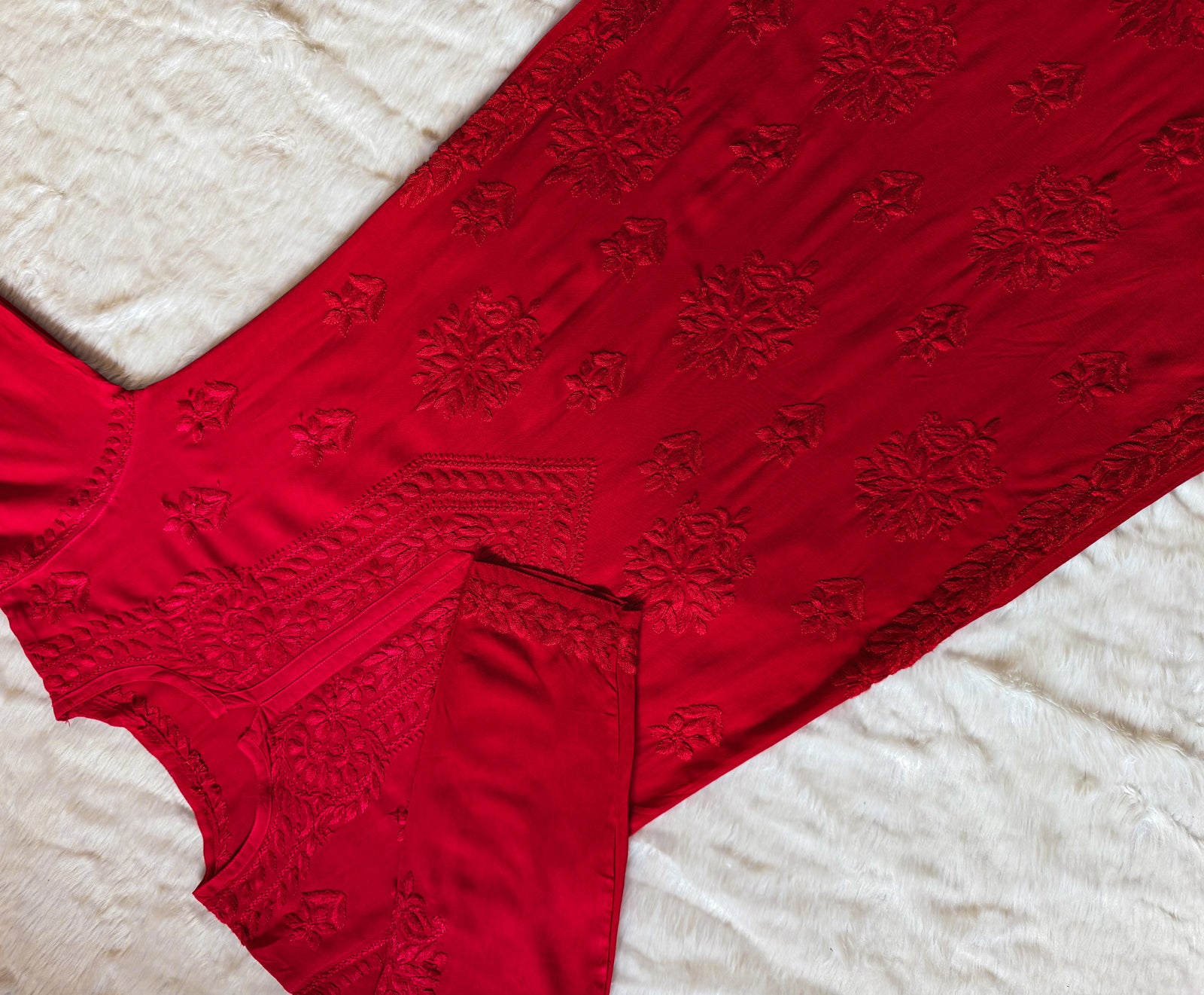 Leela Red Rayon Kurta Bottom Set with Self Chikankari Handwork