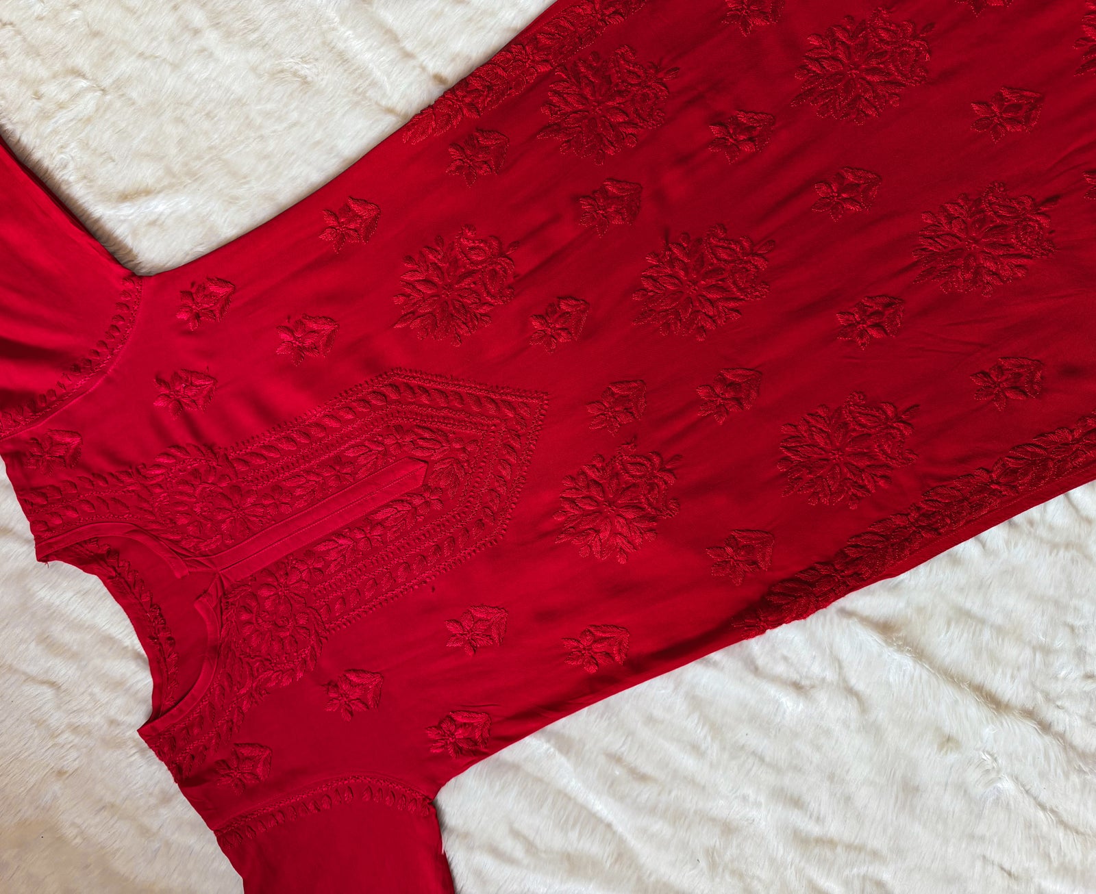 Leela Red Rayon Kurta Bottom Set with Self Chikankari Handwork