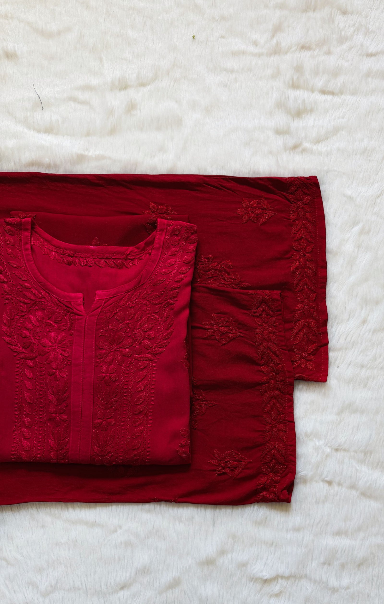 Leela Red Rayon Kurta Bottom Set with Self Chikankari Handwork