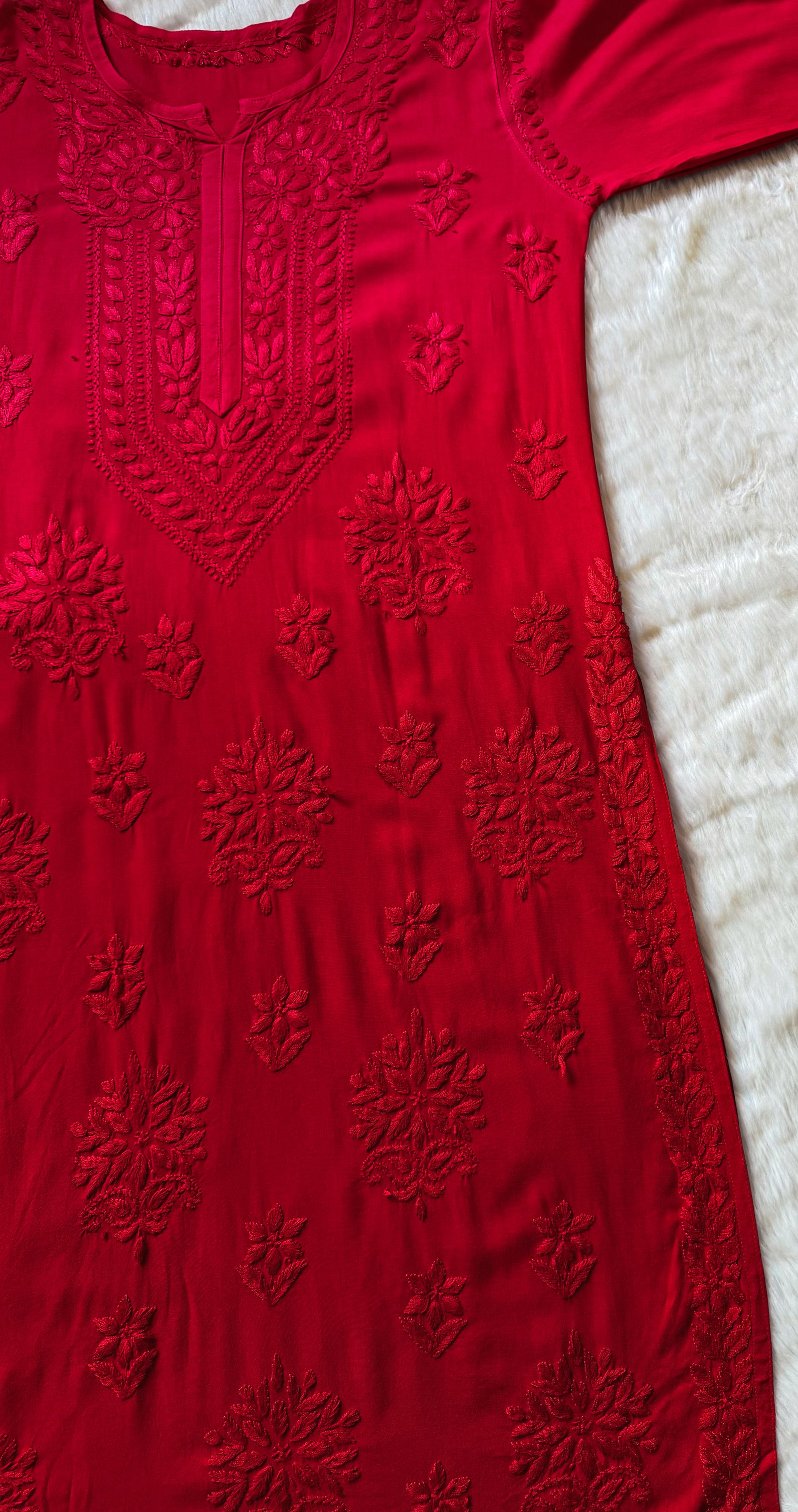 Leela Red Rayon Kurta Bottom Set with Self Chikankari Handwork