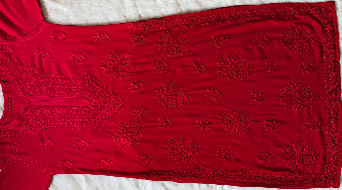 Leela Red Rayon Kurta Bottom Set with Self Chikankari Handwork