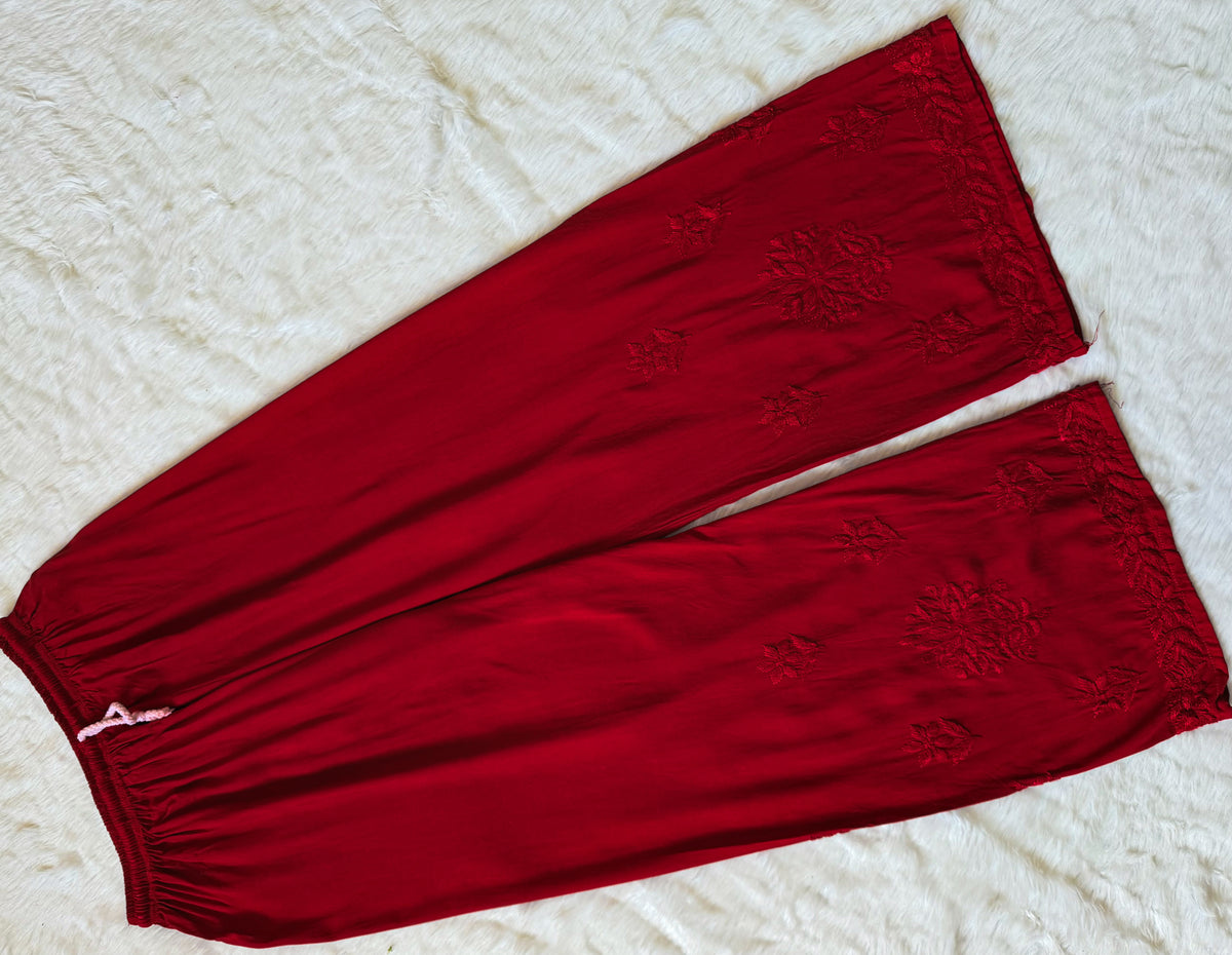Leela Red Rayon Kurta Bottom Set with Self Chikankari Handwork