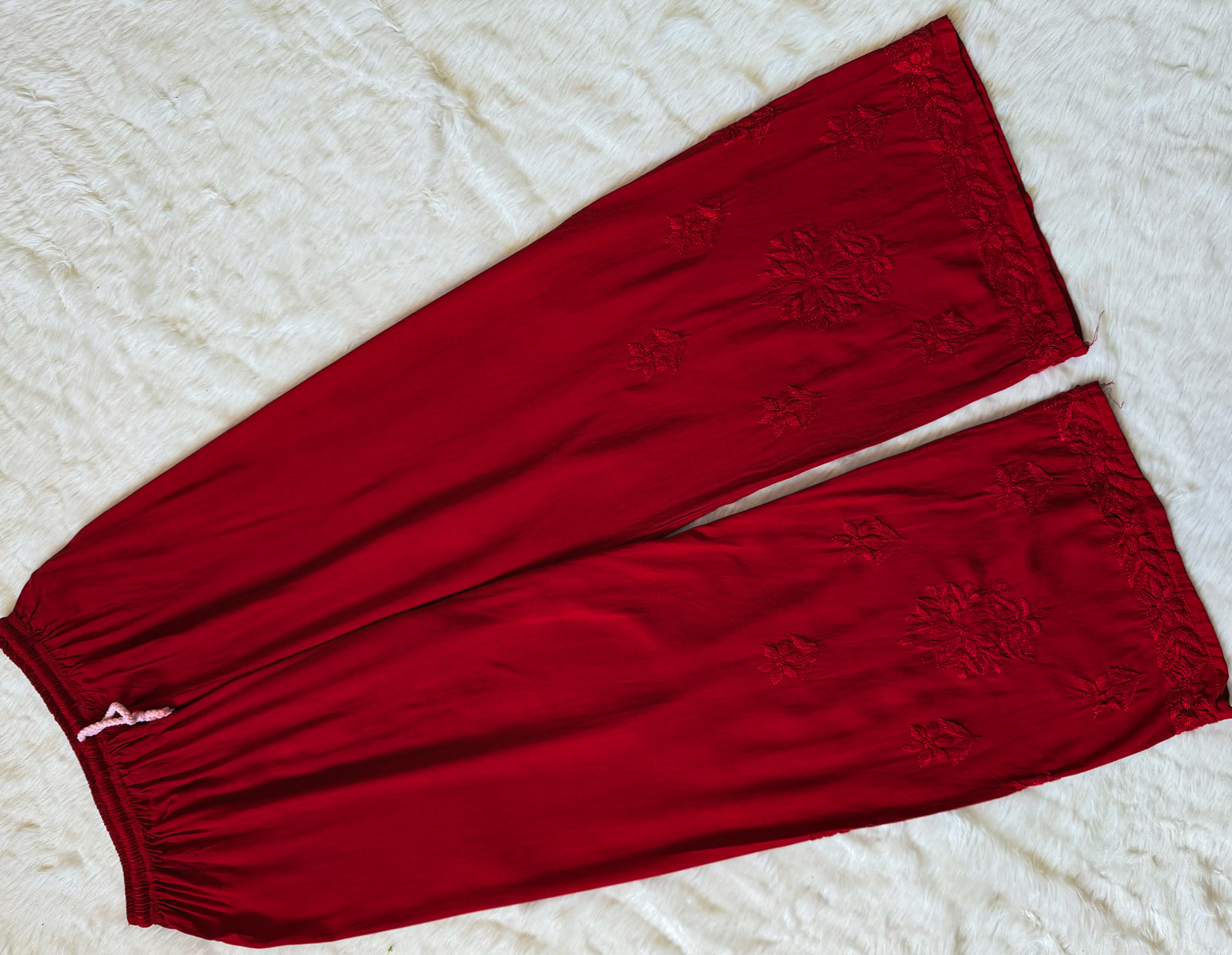 Leela Red Rayon Kurta Bottom Set with Self Chikankari Handwork