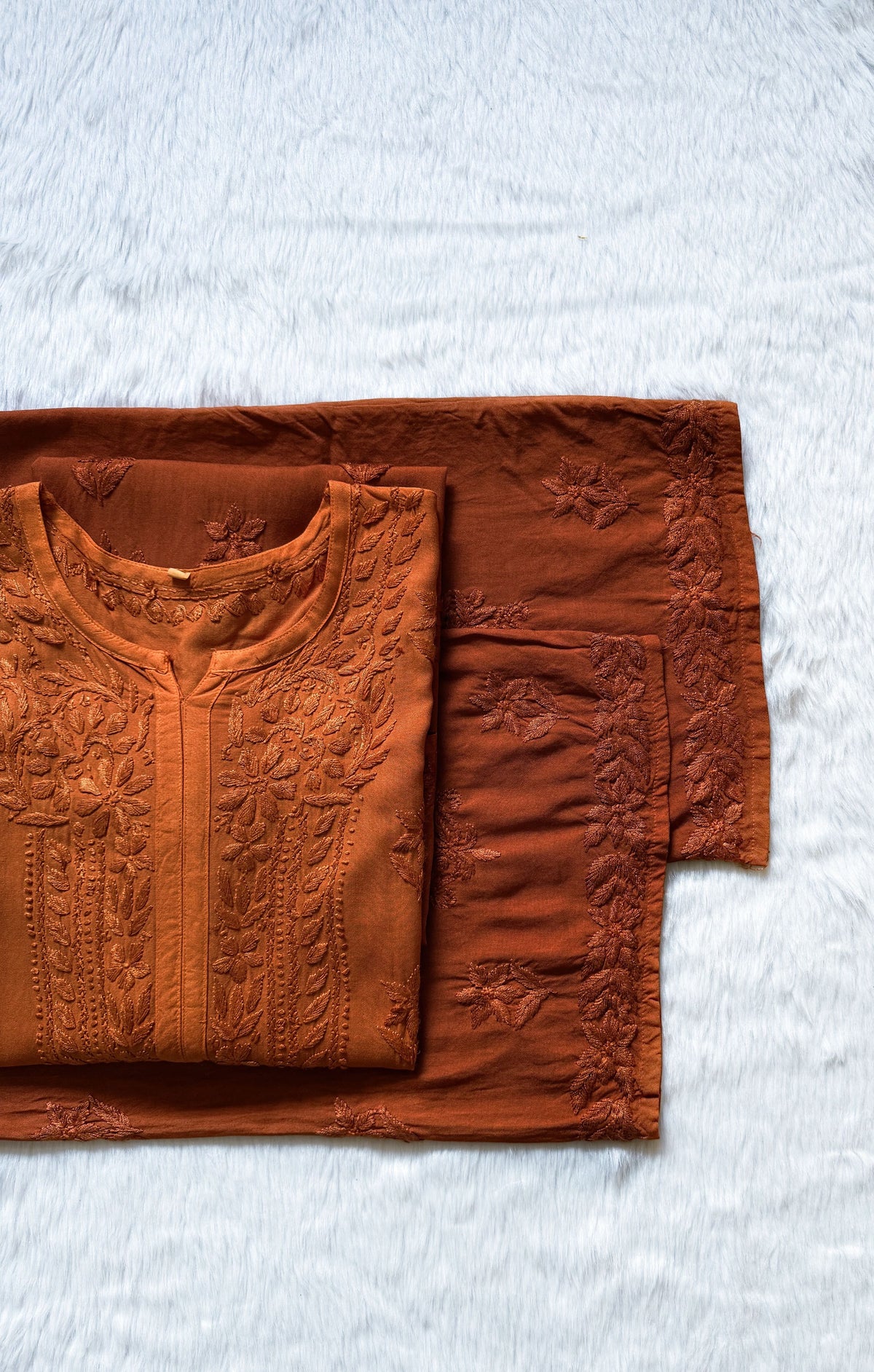 Leela Rust Rayon Kurta Bottom Set with Self Chikankari Handwork