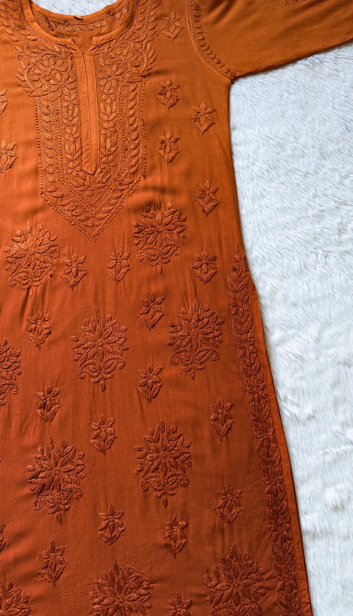 Leela Rust Rayon Kurta Bottom Set with Self Chikankari Handwork