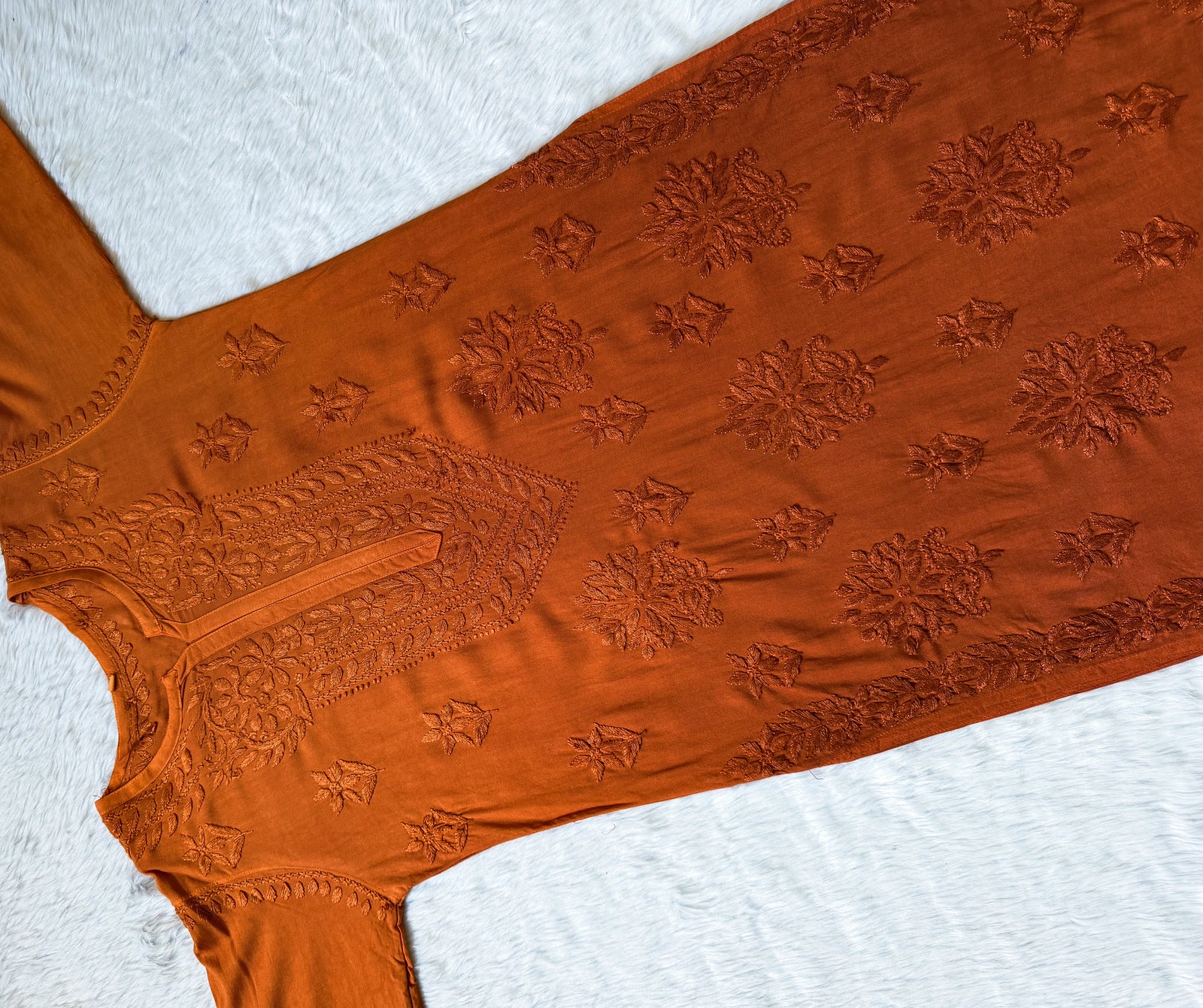 Leela Rust Rayon Kurta Bottom Set with Self Chikankari Handwork