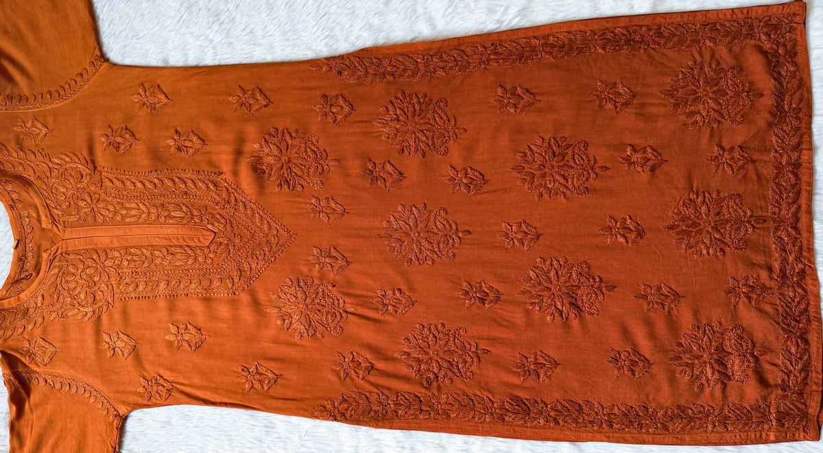 Leela Rust Rayon Kurta Bottom Set with Self Chikankari Handwork