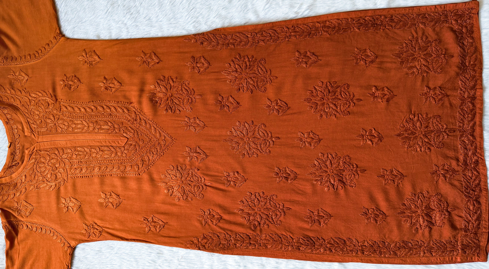 Leela Rust Rayon Kurta Bottom Set with Self Chikankari Handwork