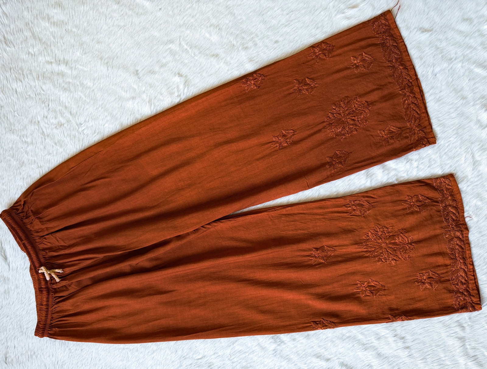 Leela Rust Rayon Kurta Bottom Set with Self Chikankari Handwork