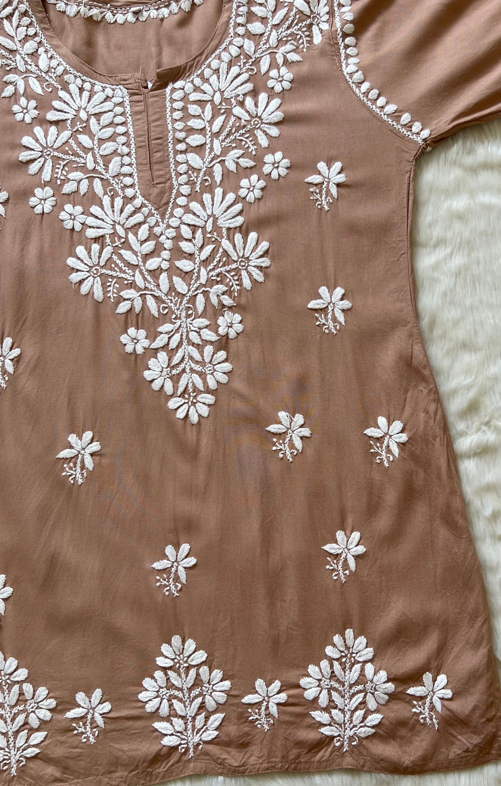 Light Brown Short Rayon Kurta with White Chikankari