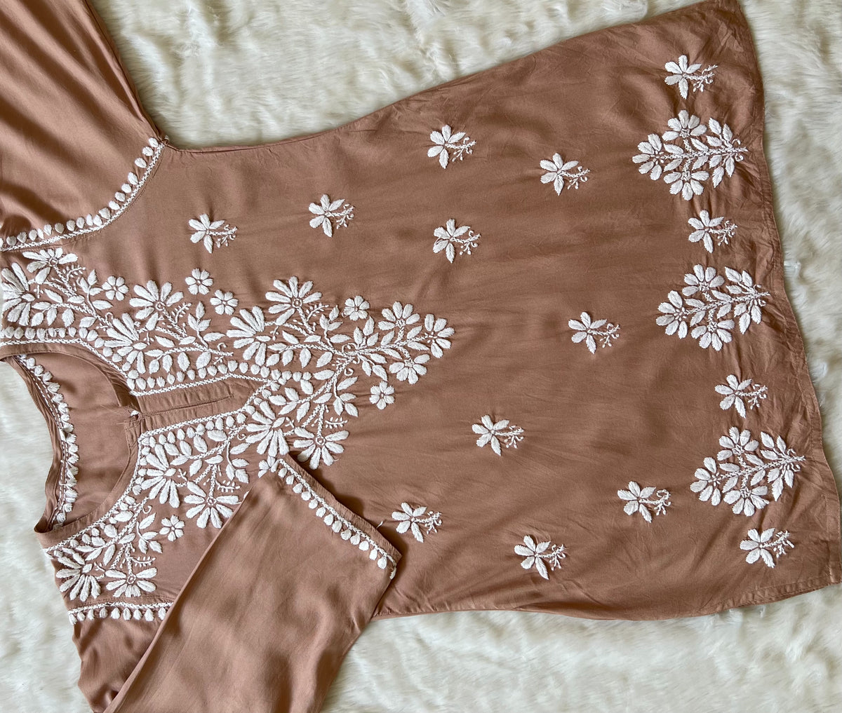 Light Brown Short Rayon Kurta with White Chikankari