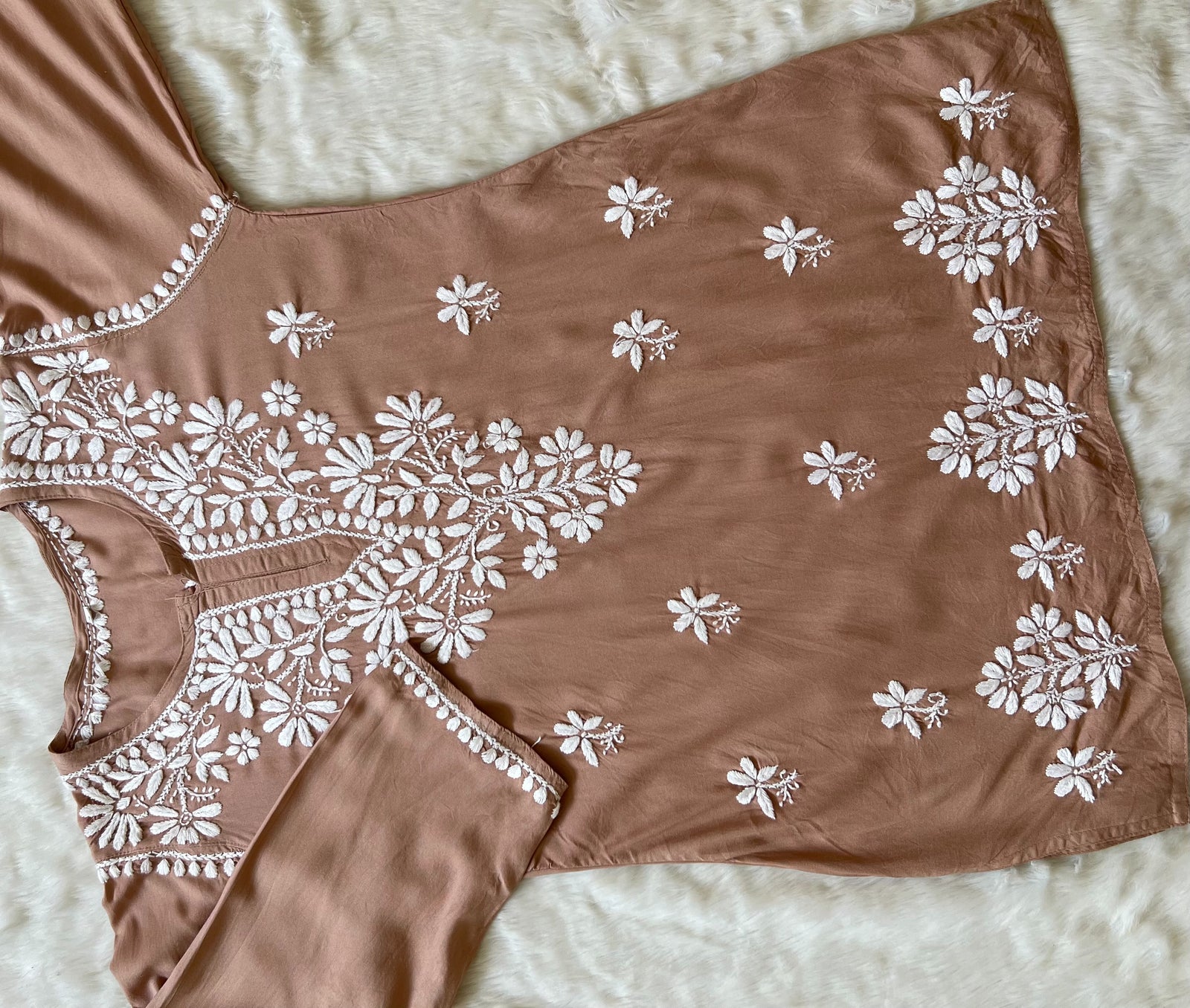 Light Brown Short Rayon Kurta with White Chikankari