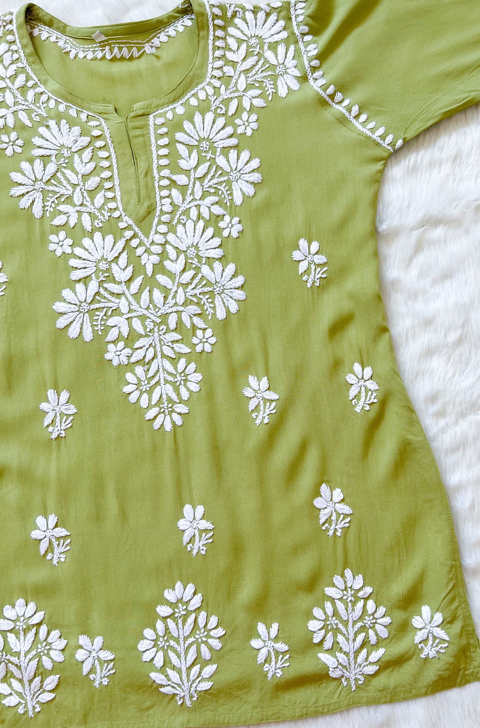 Light Green Short Rayon Kurta with White Chikankari