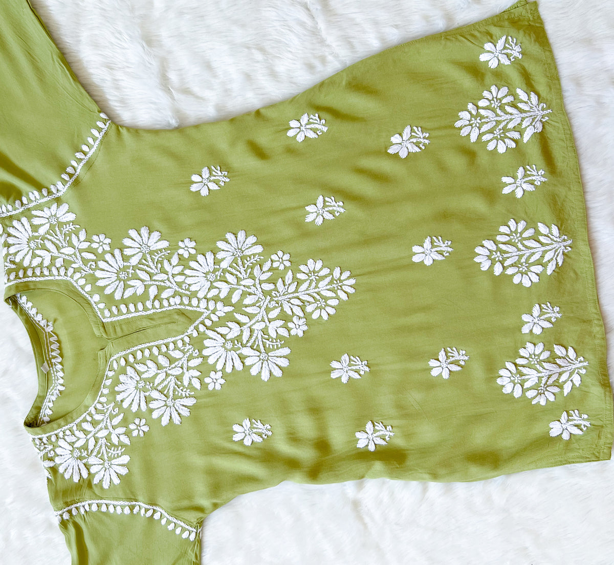 Light Green Short Rayon Kurta with White Chikankari