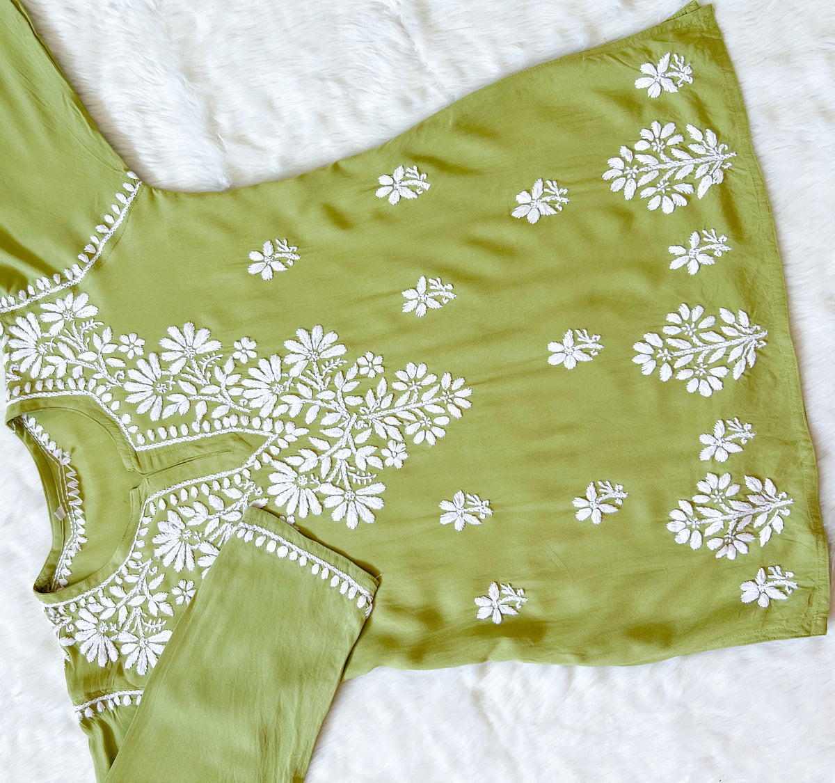 Light Green Short Rayon Kurta with White Chikankari