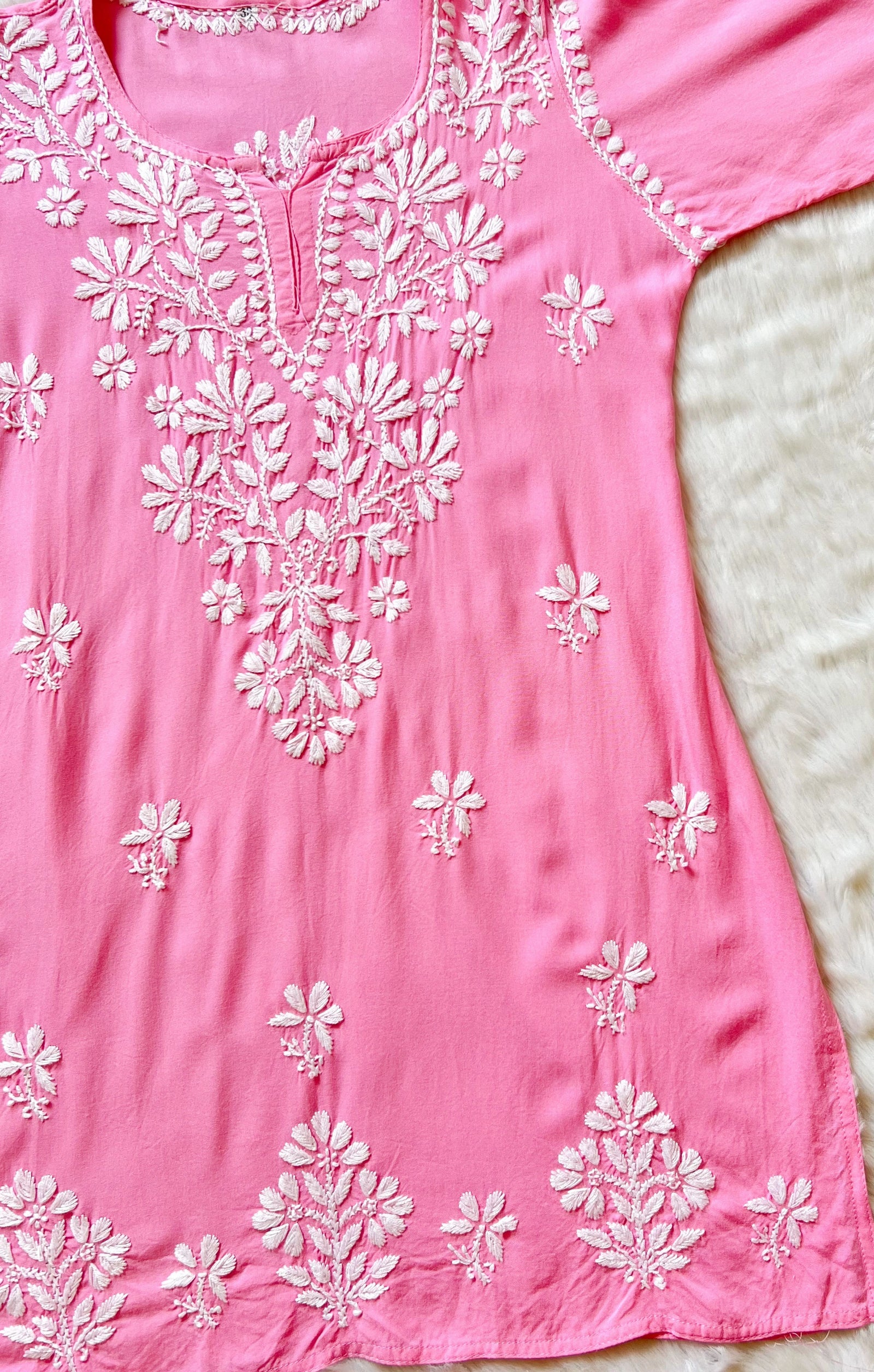 Light Pink Short Rayon Kurta with White Chikankari