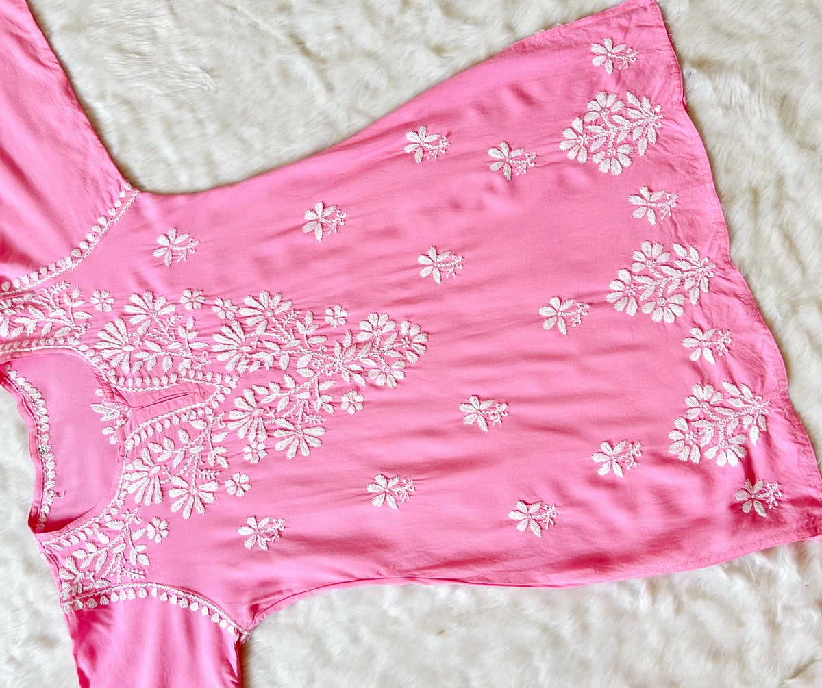 Light Pink Short Rayon Kurta with White Chikankari