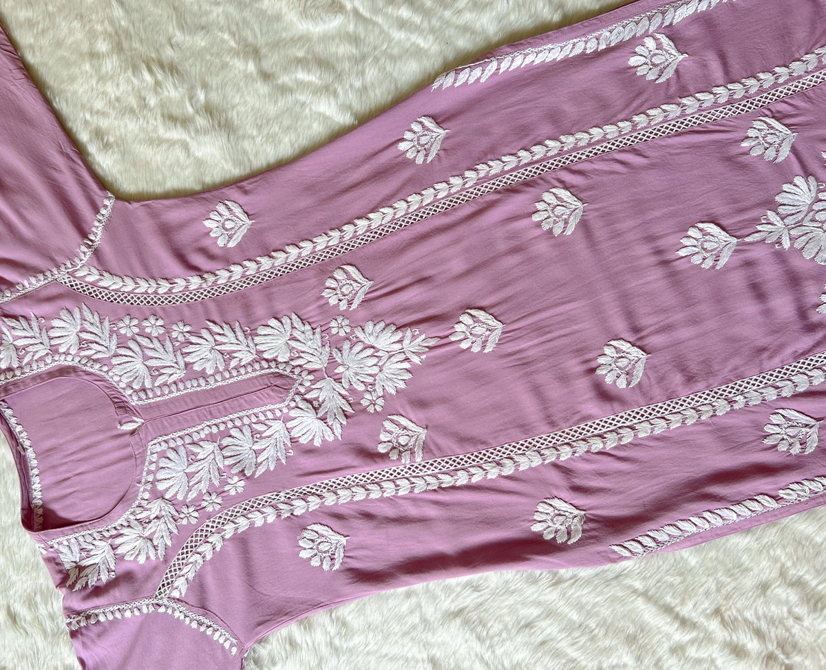 Lilac Long Lace Rayon Chikankari Kurta