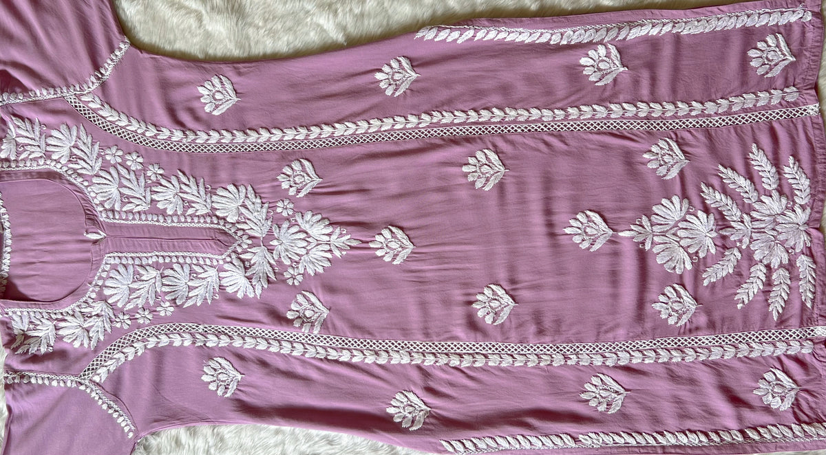 Lilac Long Lace Rayon Chikankari Kurta